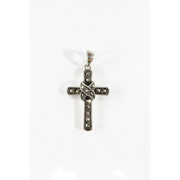 925 Marcasite Christian Cross Pendant Traditional Sterling Cross Pendant - Picture 1 of 4